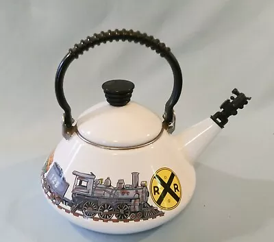 $10 • Buy Vintage Enamel Tea Pot Train Railroad Theme Enamelware Teapot Kettle