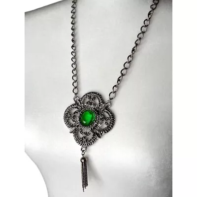 Silvertone Chunky Statement Necklace Medallion Tassel Green Embellished 22  • $10.20