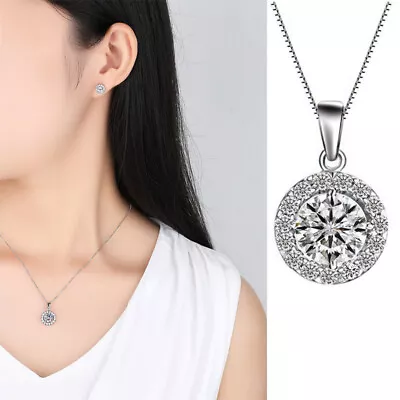 Sparkling 925 Sterling Silver 7mm CZ Halo Pendant Chain Necklace Women Gift • £3.96