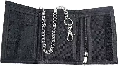 New Black Trifold Security Fabric Wallet With Chain & Zipped Pockets • £6.99