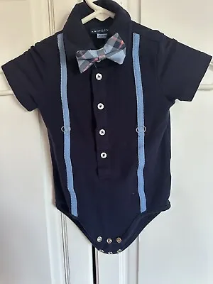 Andy & Evan Baby Navy Blue Romper With Madras Bow Tie And Faux Suspenders 9-12 M • $8.50