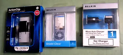 Belkin Case IPod Shield Clear + Belkin Auto Charger + Action Clip & Armband LOT • $12.50