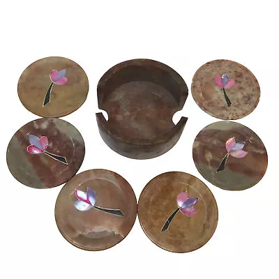 Marble Stone Coasters Abalone Flower Inlay Set Of 6  2.5  With Holder • $24