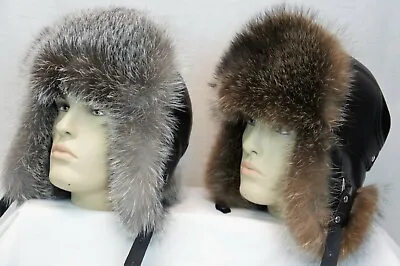 Black REAL SILVER FOX REAL RACCOON Fur REAL LEATHER Trapper Ushanka Hat S-XXL   • $95.20