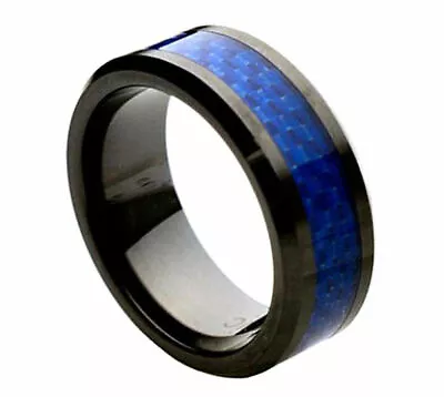 8mm Men's Or Ladie's Ceramic With Blue Carbon Fiber Inlay Wedding Band Ring • $22.46