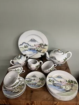 £45 • Buy Vintage Kutani Fine China 22 Piece Tea Set Geisha Lithograph Mt Fuji Japanese