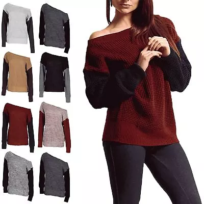 Womens Top Contrast Sleeve Ladies Chunky Knit Off The Shoulder Oversized Jumper • £4.49