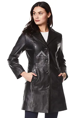 TRENCH Ladies Real Leather Jacket Black Classic Knee-Length Designer Coat 3457 • £128.62