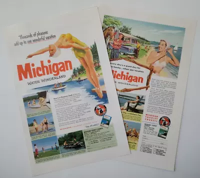 Michgan Travel Tourism  Water Wonderland  2 Print Ads NatGeo 1952 ~6.5x10  • $15.91