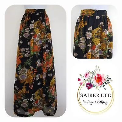 £38.25 • Buy Vintage Skirt Size 8 Black Yellow Orange Floral Chiffon Sheer Long Maxi Tall