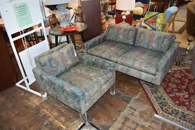 Mid-Century Modern Matching Love Seat And Chair Floral Pattern With Lucite Feet • $2000