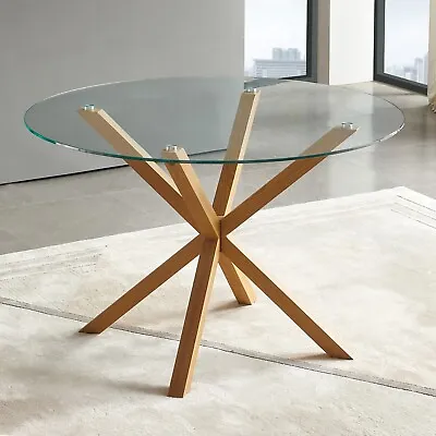 Spider 120cm Round Glass Dining Table With Oak Effect Legs – 4 Seater - AY12-OAK • £299