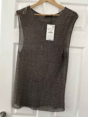 Zara Ladies Pewter Sheer Metallic Chainmail Sleeveless Top Size Xl • £10