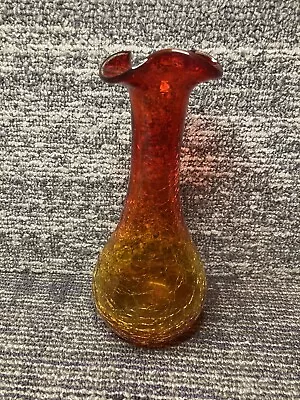 Vintage Amberina Red-Orange Crackle Cadmium Glass Vase Ruffled Edge Hand Blown • $15.95