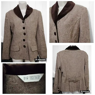 Vintage 80s Together Tan Tweed Riding Jacket Velvet Collar Bustle Back Size 12 • $19.72