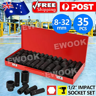 $66.95 • Buy 35pcs Drive Deep Impact Sockets 8-32MM Metric 1/2  Garage Workshop Tools Set Kit
