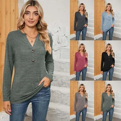 Womens Pullover Plain T Shirts Blouses Holiday Loose Solid Tops Long Sleeve Tee • £8.59