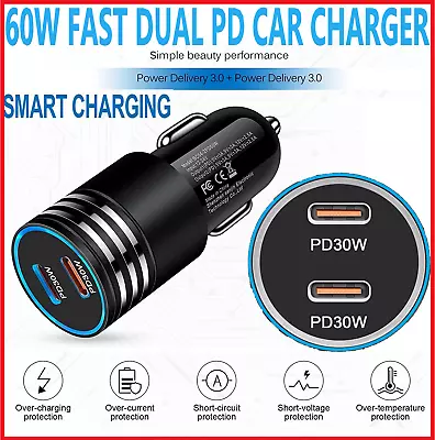 60W Dual USB-C 2 Type-C Port PD Car Charger USB C QC4.0 Quick Charging Adapter • $10.95