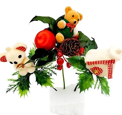 Vintage Christmas Floral Decor Picks Flocked Teddy Bear House Greenery Set Of 3 • $21.73