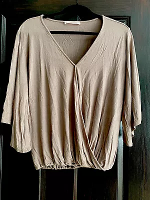 Veronica M Taupe Brown Bell 3/4 Sleeve V-Neck Surplice Wrap Top Soft Jersey Sm • $8