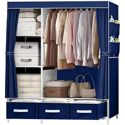 Large Canvas Fabric Wardrobe With Hanging Rail Shelving Clothes Storage Cupboard • £20.99