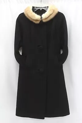 Womens Black VINTAGE 50s 60s Dress Over Swing Coat MINK FUR Collar Wool S M • $62.99