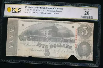 AC T-60 $5 1863 Confederate Currency CSA PCGS 20 Comment Cc Cancel • $49.99