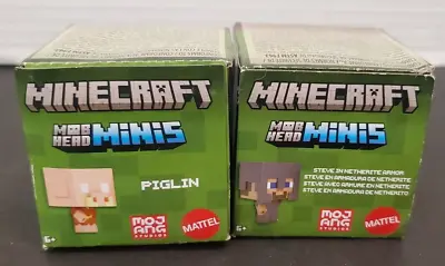 2 Mattel Minecraft Mob Head Mini Figures 1  NEW Piglin & Steve N Netherite Armor • $2.49