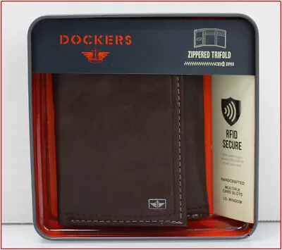 Dockers Men's LEATHER TRIFOLD Wallet - ZIPPER Area RFID Photo ID - BROWN 🌟NEW🌟 • $34.95