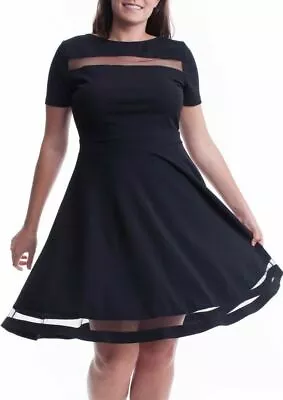 Plus Size Black Mesh Stripe Fit And Flare Bodycon Skater Dress XL 1X • $29.95