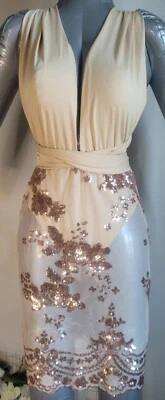 $25 • Buy Deep V Neck Sequin Gold Mini Dress Bodycon Party Club Cocktail Ball Gown
