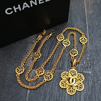 CHANEL Gold Plated CC Logos Flower Vintage Chain Necklace Pendant #441c Rise-on • $888.42