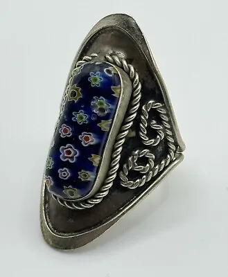 Vintage Millefiori Murano Sterling Silver Shield Ring Adjustable Heart Rope • $49.99