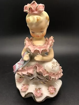 Vintage Japan HOLT HOWARD Girl W/Pink Ruffles & Roses Holding Scarf #3034 Figure • $15