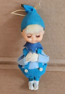 Vintage Christmas Elf Blonde Hair Boy Pixie Closed Eyes Blue Outfit Overalls • $14.99