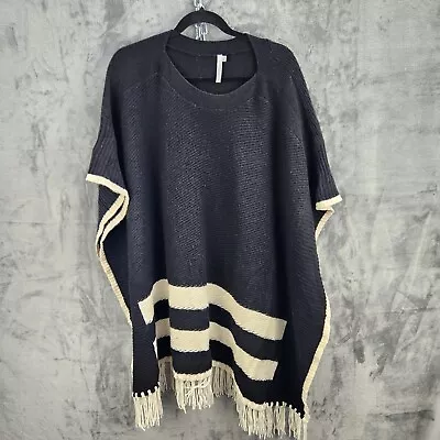 Seafolly Australia Womens Boho Poncho Black Cream OS Lambswool Knit Fringe Top • $35