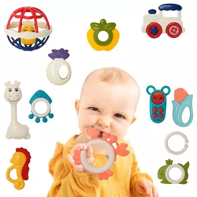 12Pcs Newborn Baby Hand Rattle Teether Teething Chewable Toys 3M+ BPA Free • £13.85