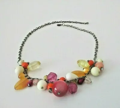 Multicolor Acrylic Beads Silvertone Chain Link Bib Necklace Adj 18 + Vtg   AZJ • $6.99