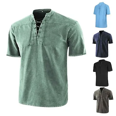 Men's Vintage Medieval Tunic Tops Shirt Viking Lace Up Jumper Costume Blouse • $20.75