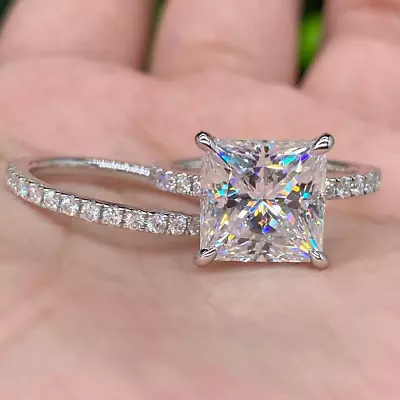 2.89Ctw Princess Cut Moissanite Bridal Set Engagement Ring 14K White Gold Plated • $172.20