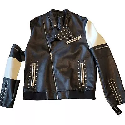 INC PU Black/white Mens Leather Biker Jacket With Silver Studs Unisex Size L • $48