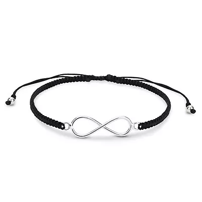 Love Sign Forever Infinity Sterling Silver Charm Black Rope Adjustable Bracelet • $13.99