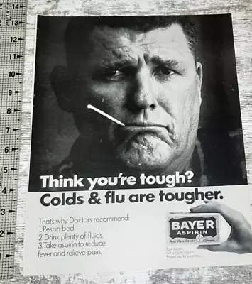 1968 Bayer Aspirin Vintage Print Ad Tough Guy Thermometer Cold Flu Pain Fever • $8.93