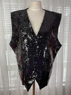 Sequins Vest Mens Size M Black 4-Button Sleeveless Pockets Shiny Party Nightclub • $39.77