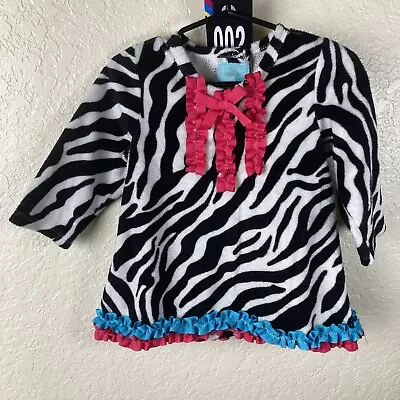 Mud Pie Baby Dress Girls 12-18 Months Black Zebra Pink Minky Ruffle Fuzzy Soft • $8.82