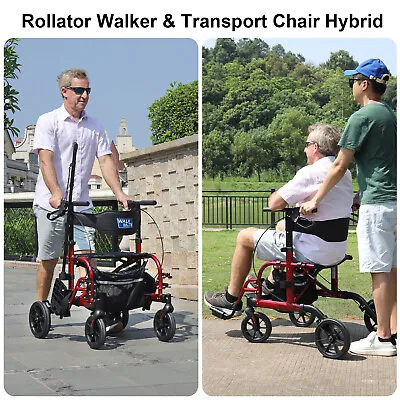 $179.99 • Buy 2 IN 1 Adjustable Rollator Walker Medical Transport Chair For Seniors 10” Wheels