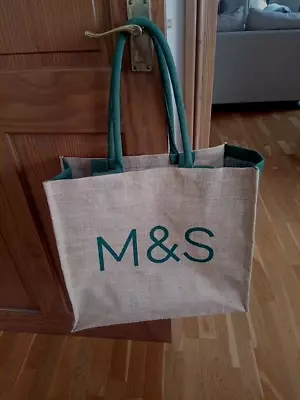 Strong M&S Large Shopping Tote Bag Marks & Spencer Jute Bag Natural Green Sparks • £18