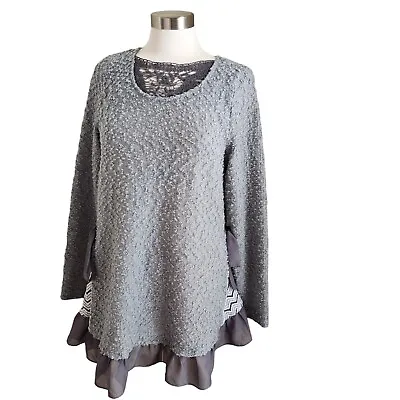 A'reve Womens Sweater TUNIC Dress Size Large Gray Knit Lace Ruffle Hem  Pullover • $15.20