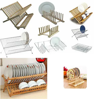 £7.95 • Buy Foldable Dish Drainer Wooden Metal Chrome Wire Dinner Plates Rack Stand Holder 