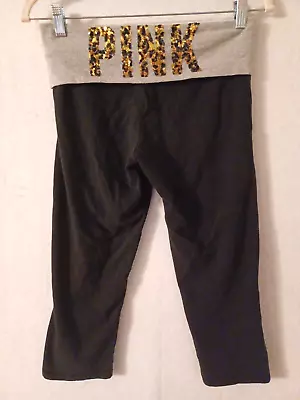 VICTORIA SECRET PINK Leggings Black S Pant Foldover Yoga Women's SHORT BLING • $17.95